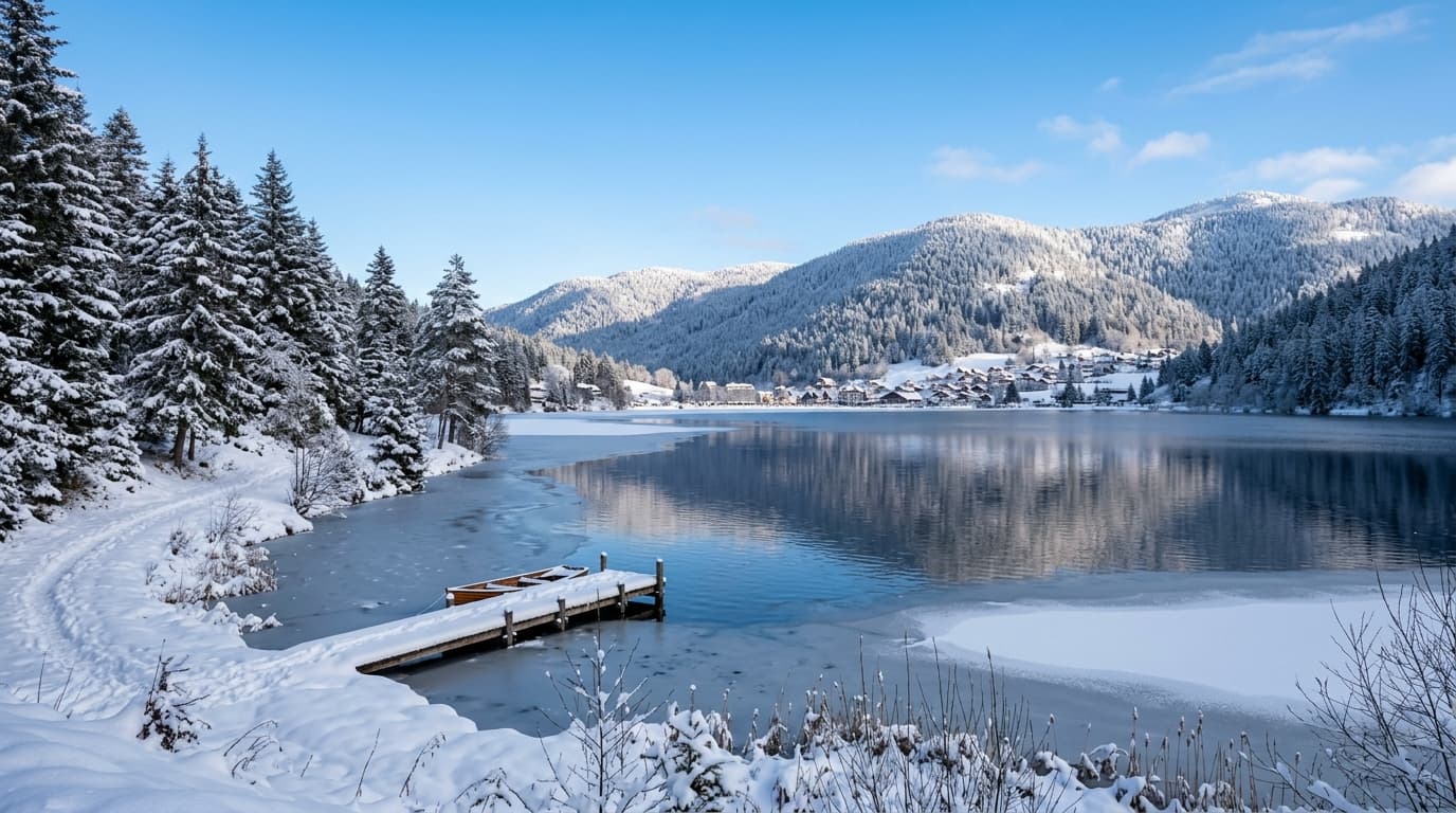 Lac de Gérardmer en hiver sous la neige