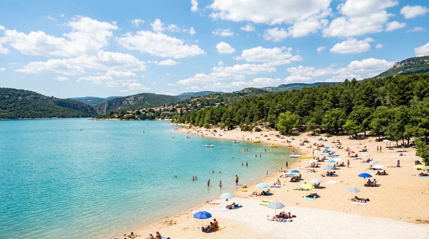 Plage de sable doré et blanc au bord d'un lac d'eau douce en France