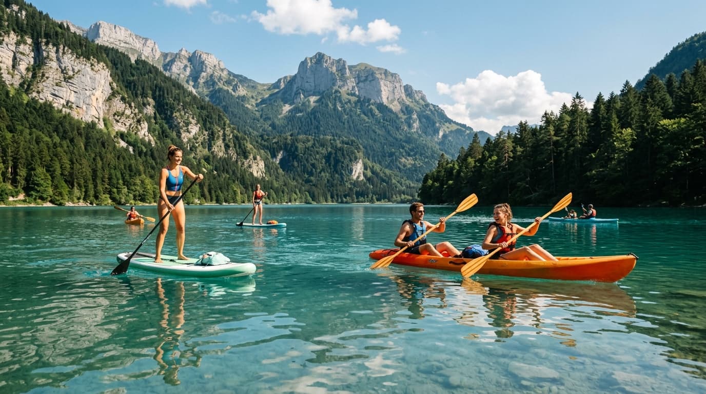 Pratiquants de paddle et de kayak sur un lac français entouré de montagnes