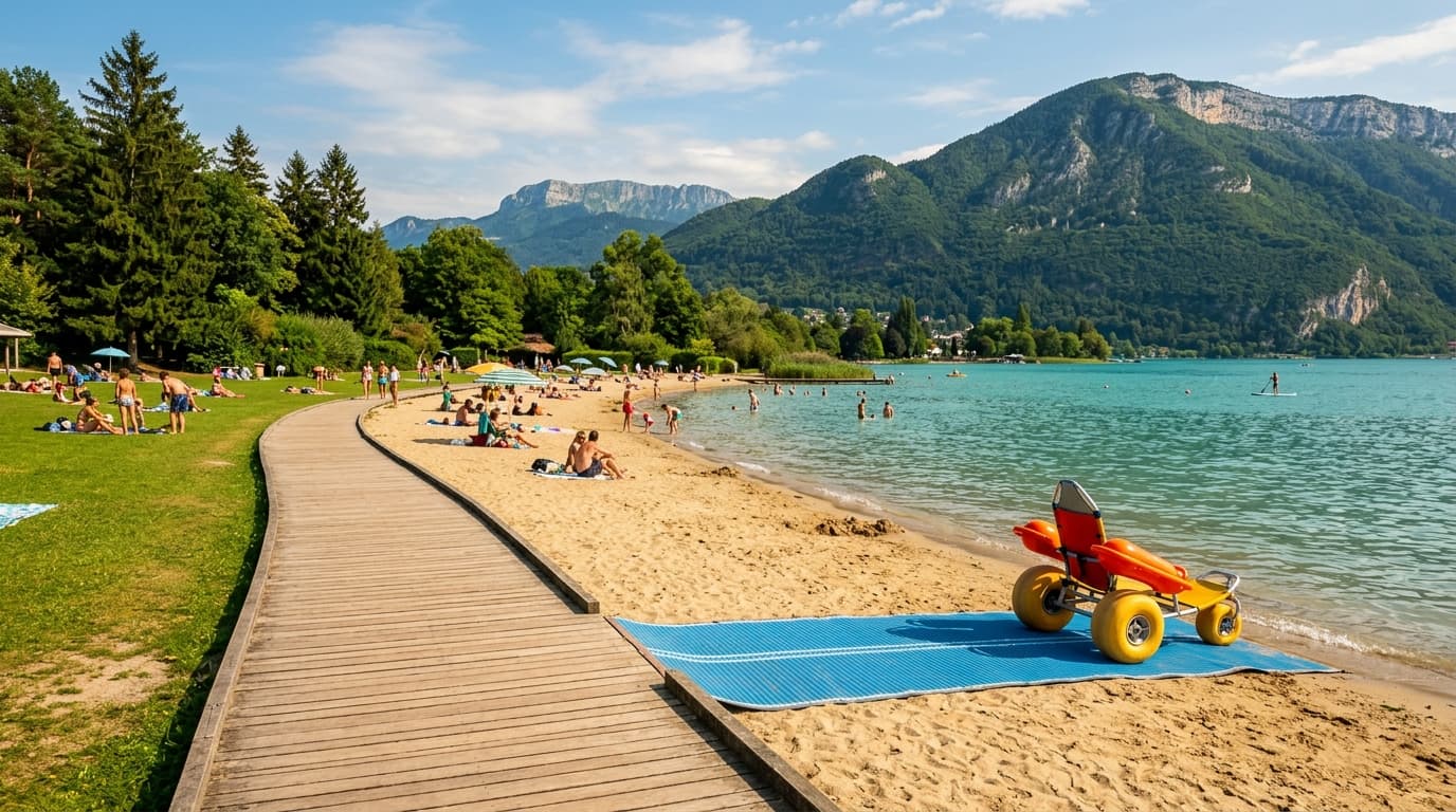 Cheminement et fauteuil amphibie sur une plage de lac accessible