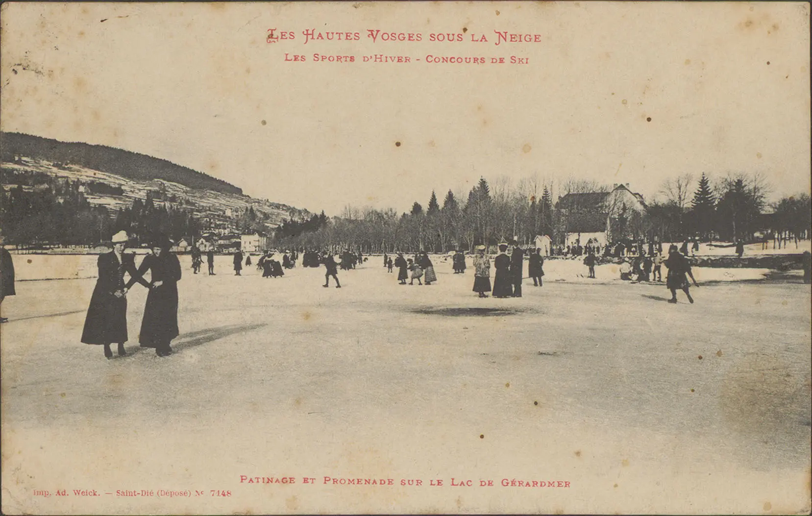 Carte postale ancienne montrant du patinage et des promenades sur le lac gelé de Gérardmer
