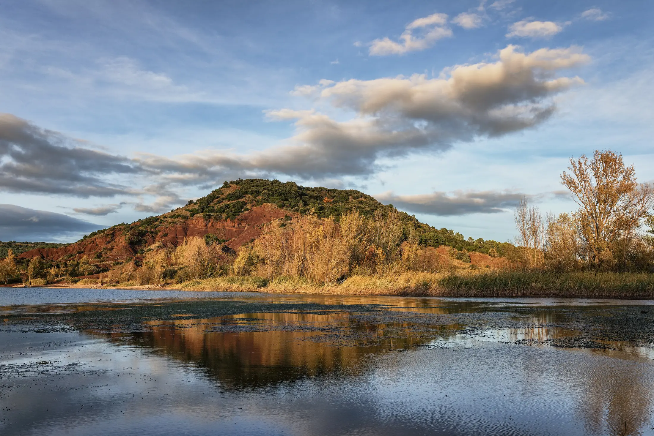Lac du Salagou en octobre avec terre rouge et arbres aux couleurs d’automne